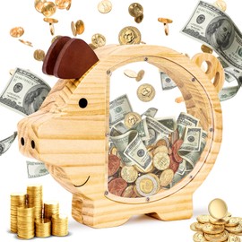 Wooden Piggy Bank for Kids, Unbreakable Clear Wood Money Bank for Boy Girls, Cute Piggy Bank Money Box Money Saving Box for Cash, Money Saving Gift for Birthday, Christmas, Baby Shower