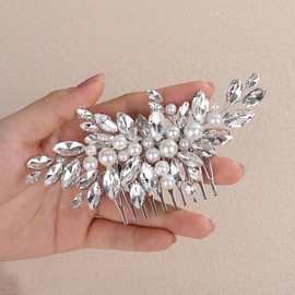 Teyglen Silver Wedding Pearl Hair Comb Bridal Rhinestone Headpiece for Bride Crystal Side Comb Elegant Hair Accessories for Women Handmade Crystal Hair Piece