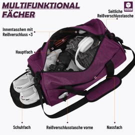 BECOJADDE Sports Bags for Men and Women, 35L Travel Duffel Bag, Overnight Bag with Shoe Compartment & Wet Compartment, Waterproof Carry On Bag for Sports, Gym, Swimming, purple, Travel handbag