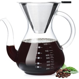 Unbreakable - Pour Over Coffee Maker with Double Stainless Filter 34 fl oz, Thickened Heat-Resistant Borosilicate Glass Pour Over Coffee Dripper, Stovetop Safe