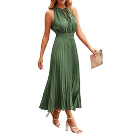 PRETTYGARDEN Women's Midi Summer Dresses Casual V Neck Swiss Dot Ruffle Sleeveless A Line Beach Sun Dress (Green,Medium)