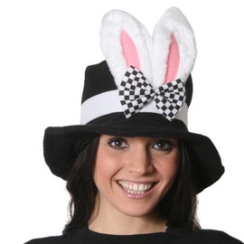 RABBIT HAT FANCY DRESS ACCESSORY WONDERLAND RABBIT EARS ON BLACK HAT WITH BOW