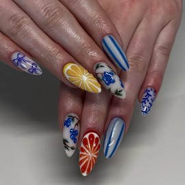 Almond 3D Press on Nails Medium Length Fake Nails French Tip Glue on Nails Summer False Nails with Lemon Blueberries Designs Cute Glossy Acrylic Nails for Women 24PCS Stick on Nails