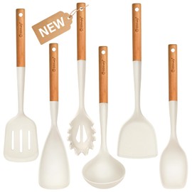 Large Silicone Kitchen Utensils Set, 6 PCS Nonstick Cooking Utensils Set with Wooden Handle, Heat Resistant and BPA Free Silicone Utensil Spatula Set for Cooking with Turner, Spoon and Ladle(White)