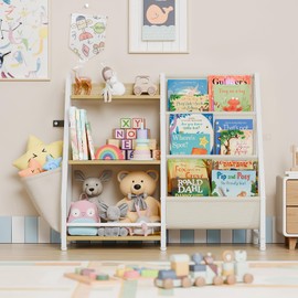 LATIBELL LATIBELL 3 Tier Kids Bookshelf and Toy Storage, Kids Book Sling Shelf, Montessori Baby Toddler Bookshelf for Kids, Kids Bookcase, Toy Storage Organizer, for Playroom, Bedroom, Nursery (Burlywood)