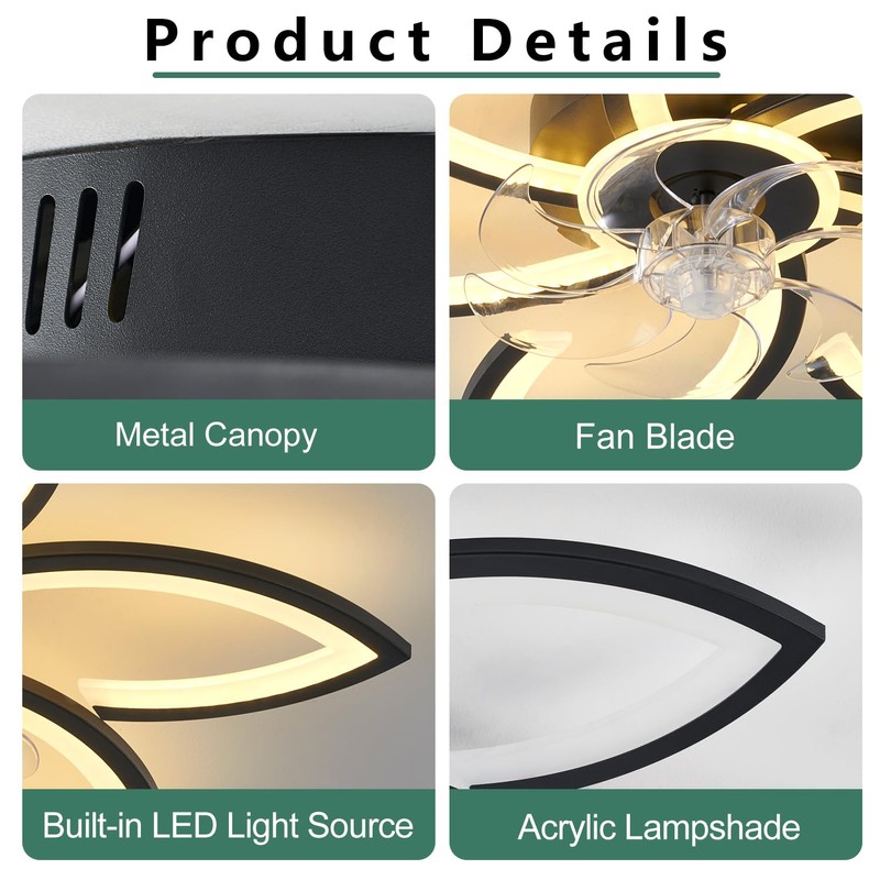 Ruibutrade 30inch Black Flower Modern CeilingFans with Lights, Low Profile