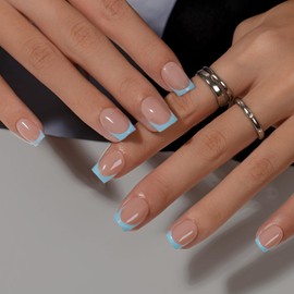 KQueenest Baby Blue French Tip Press On Nails Short Square, 30 Pcs Acrylic Press On Nails With Glue, Natural Nude Short Fake Nails Press ons, Reusable Glossy Soft Gel Glue on Nails for Women Summer