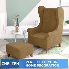CHELZEN Stretch Velvet Wingback Chair Slipcover 1-Piece Soft Stylish Plush Slipcover for Wingback Chairs with Elastic Base (Camel)