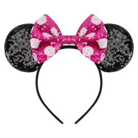 YUNISS Mouse Ears Headband, Glitter Headband in Black with Sequins, Red Bow with White Dots, Costume Princess Party Accessory for Girls and Women (Pink)