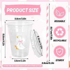 Whaline 50Pcs One Silly Goose Disposable Plastic Cups with Lids and Straws 12Oz Cute Pink Bow Goose Cold Beverage Drinking Cups for First Birthday Baby Shower Party Supplies