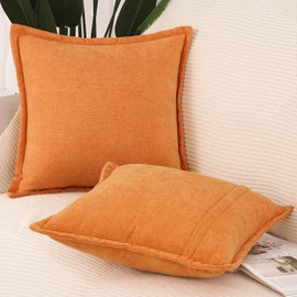 Madizz Fringe Chenille Cushion Covers Set of 2 Super Soft Boho Throw Pillow Covers Decorative Plain Throw Pillowcases Modern Home Decor for Sofa Bedroom Orange 18x18 inch, 45x45 cm