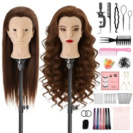 TwoWin Hairdressing Head Real Hair with Ear Holes 60 cm (24 Inches) Hairdressing Head Training Head 80% Real Hair, Training Head for Hairdressers for Styling & Hairdressing Practice with DIY