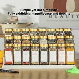 TESUNMU Gold Spice Jars with Label，4oz Seasoning Containers, Glass Spice Bottles with Shaker Lids,Funnel, Chalk Pen for Cabinet，Drawer，Rack(24)