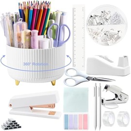Office Desk Accessories, 15pcs White Office Supplies 360°Pen Holder Desk Organizers and Accessories with White Stapler and Tape Dispenser Set, Cute Desk Accessories for Women Gift Set