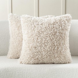 FUTEI Beige Decorative Throw Pillow Covers 18x18 Inch Set of 2,Soft Fluffy Faux Wool Textured Cushion Case,Modern Home Decor for Couch Bed Living Room Office
