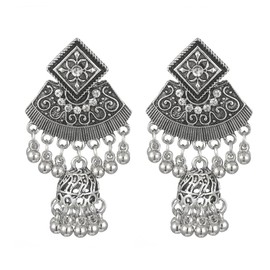 Nepal Jhumka Jhumki Earring Dangle for Women Bollywood Vintage Bohemian Ball Tassel Bell Drop Earrings Fashion Crystal Ethnic Gypsy Traditional Dangling Oxidized Boho Jewelry Gift Christmas Bff (Silver)