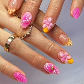 24 Pcs Pink Flower Press on Nails Medium Almond Fake Nails with 3D Shell Pearl Designs French Tip False Nails Kit Summer Beach Nails Floral Full Cover Acrylic Nail Tips Stick on Nails for Women