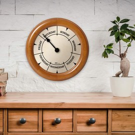 DayClocks Classic Week-Day Wall Clock with Solid Wood-Round Frame – Weekly Clock with Noon & Midnight Markers – Quiet Wall Mounted Clock - Ideal Retirement Gift for Men & Women, Pine, 9.5"