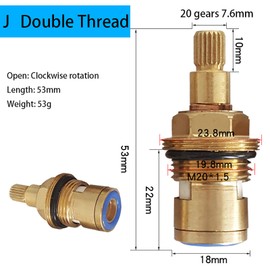 Replacement Water Tap Cartridge Valve Core Copper Faucet Ceramic Disc Gland Brass Bathroom Accessories Quarter Turn 20 Teeth 1/2" Clockwise Rotation Double Thread 18mm Dia 53mm Length