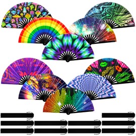 Pinkunn 10 Pcs UV Glow Large Rave Hand Folding Fan with Bamboo Ribs and Case Craft Rave Rainbow Hand Fan for Drag Queen Dance Music Festival Party Gifts (Popular)