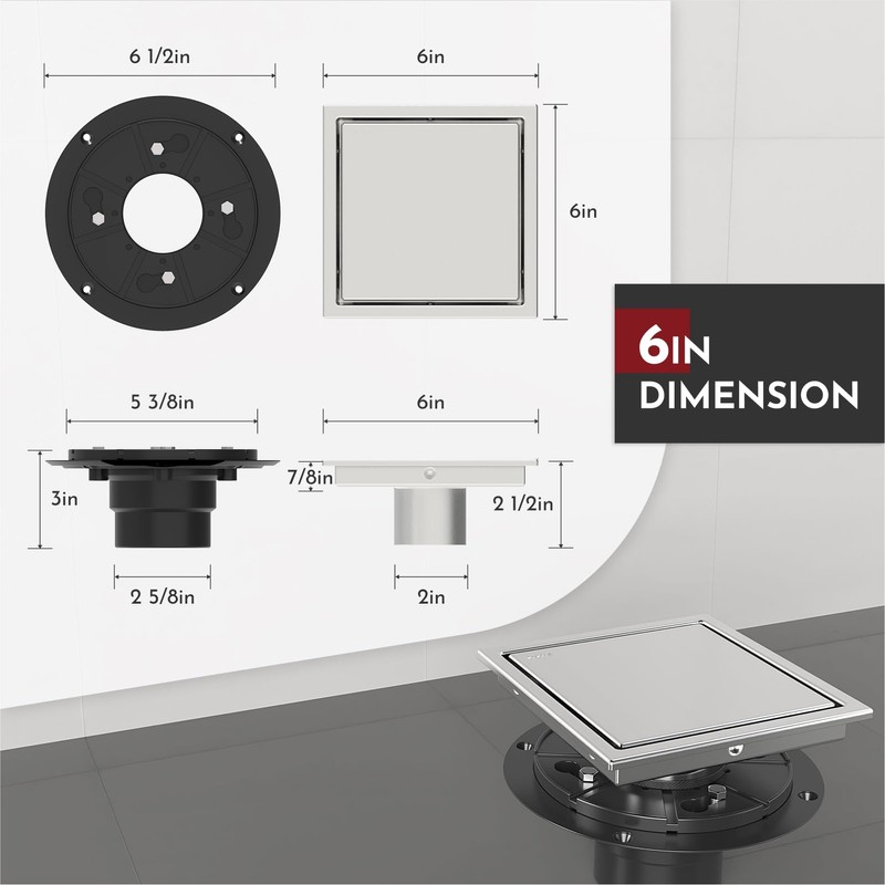 WEBANG 6 Inch Square Shower Drain Brushed Floor Drain with