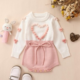 ZZLBUF Baby Girl Knit Romper Infant Toddler Heart/Flower Embroidery Long Sleeve Sweater Romper Bodysuit Clothes (01- Heart Pink, 9-12 Months)