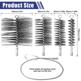 Stove Pipe Brush Set of 4 Heating Boiler Brush Chimney Brush 30/50/80/150 mm Fireplace Cleaning Set with 1 m Steel Wire Stove Brush Chimney Brush Chimney Pipe Cleaning Brush Chimney Brushes