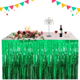 PUZINE 4 Pack Metallic Foil Fringe Table Skirt Tinsel Party Table Skirt Banner for Parade Floats Mardi Gras Party Decoration（L108 inH 29in） (Green)