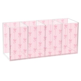 Aslsiy Ribbons Bow Coquette Pen Holder Pink 4 Compartments Acrylic Pencil Holder Clear Makeup Brush Holder Desk Organizer Office Supplies