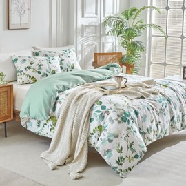 Tokokimo White Double Duvet Cover Set - Blue Leaves Pattern Bedding Set 3 pieces, Soft Microfiber Double Duvet Set with Pillowcases for Bed, Plants Duvet Cover 200x200 cm, Blue/Leaves