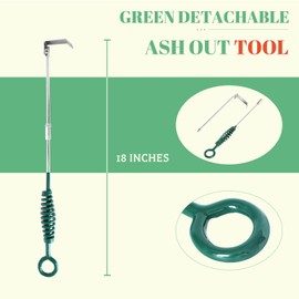 18" Green BBQ Ash Tool for Big Green Egg Ash Rake Ash Cleaner for BGE Kamado Accessories Long Handle Cleaner with Scraper Stainless Steel Charcoal Pellet Grills Wood Burning Stove