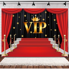 INRUI Red Carpet VIP Photography Backdrop Stage Channel Gold Glitter Spots with Curtain Background Party Video Recording Decorations (7x5ft)