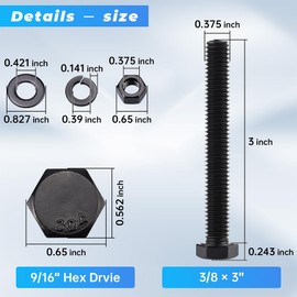 Glvaner 3/8-16 x 3 (8 Sets) Stainless Steel Hex Head Screws Bolts, Nuts, Flat & Lock Washers, 18-8 (304) Stainless Steel Bolts and Nuts Set, Full Thread, Black Coated