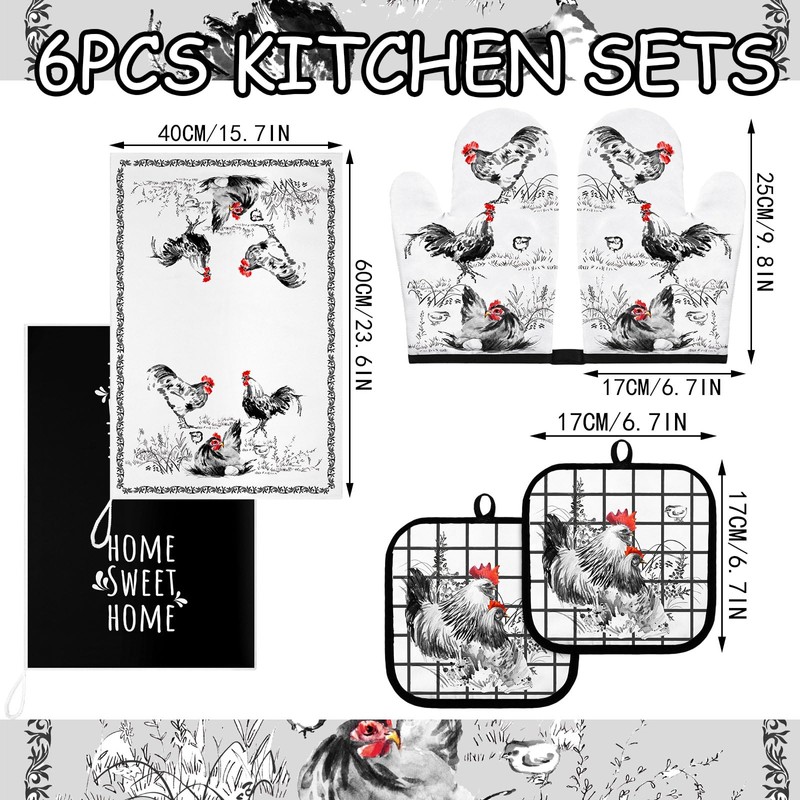 Leinuosen 6 Farmhouse Rooster Chicken Oven Mitts and Pot Holders