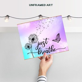 Dandelion Butterfly Just Breathe Wall Art 11x14 - Inspirational Positive Quotes Home Decor - Purple Wall Art for Women Office Bedroom - Zen Meditation Mindfulness Gift - Shabby Chic Boho Unframed