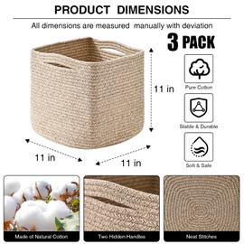 Dcerzxzci 11 Inch Cube Storage Bins, Organizing Bins for Cube Organizer, Storage Baskets for Organizing, Woven Storage Basket for Shelves, Cotton Rope Toy Baskets Storage Kids, Brown (Pack of 3)