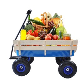 TREATLIFE HOME All Terrain Garden Cart with Steel Frame, Removable Wooden Sides, and Air Tires, Blue
