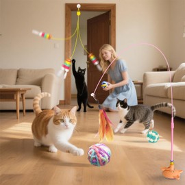 Cat toy pack with 24PCS self play accessories for indoor cats-cat teaser wand, fishing pole, suction cup, ball, string, mouse, feathers and hanging interactive cat toys for kitten Exercise & Chase