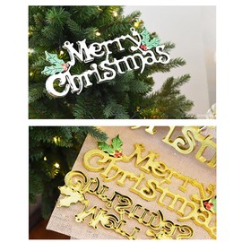 Merry Christmas Signs, 2Pcs Christmas Word Glittery Hanging Signs with Holly Berries and Leaves for Xmas Holiday Party Home Decoration. (Gold+Silver)