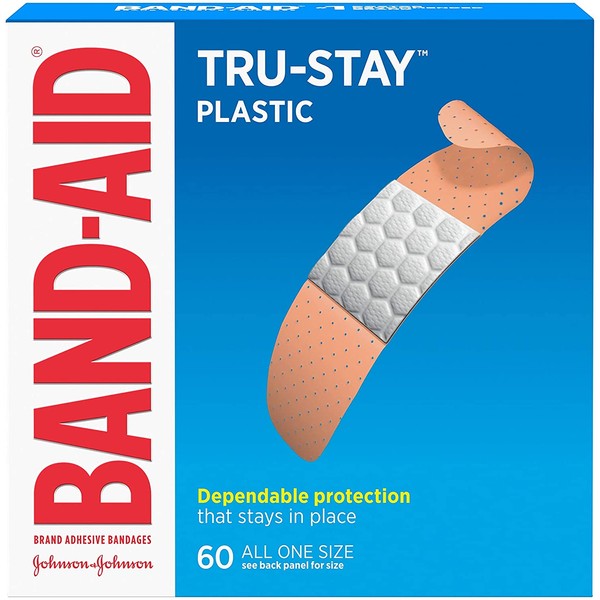 Band-Aid Brand Tru-Stay Plastic Strips Adhesive Bandages for Wound Care and First Aid, All One Size, 60 ct