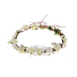 Lofruiin Women's Bohemian Rose Flower Wreath Tea Bud Flower Wreath Rattan Garland Headpiece Headband for Wedding Travel Photography (A- White, Free)