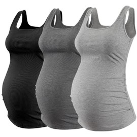 Ecavus Women's Maternity Tank Top 3 Pack Square Neck Ruched Side Soft Stretch Ribbed Comfortable Basic Shirt