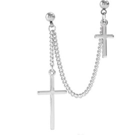 Double Cross Ball Piercing Chain Minimalist Dangle Drop Stud Cuff Earrings for Two Holes Men Women 2nd Ear Cartilage Fashion Punk Climber Crawler Threader Tassel Dangling (Silver, One size)