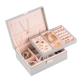 Smileshe Jewelry Box for Women Girls, PU Leather Organizer Holder Boxes with Lock, 2 Layers Removable Display Storage Travel Case for Rings Earrings Necklaces Bracelets