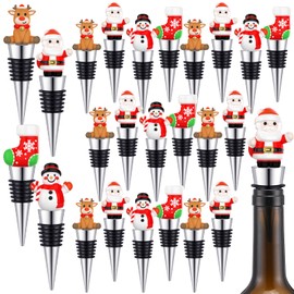 Cinnvoice 24 Pcs Christmas Wine Bottle Stoppers with Santa Claus Snowman Resin Accessories Zinc-alloy Silicone Wine Stoppers Reusable Corks Gift for Xmas Party Supplies, 4 Styles