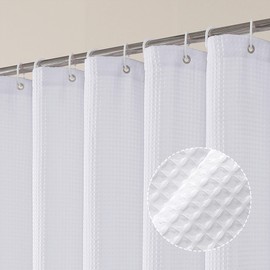 OVZME White Fabric Shower Curtain Set, Waffle Heavy Duty Textured Shower Curtain for Bathroom, Cloth Shower Curtain White, Luxury 230GSM Weighted Bath Curtain with 12 Plastic Hooks, 72x72, White