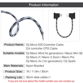 DJI 1FT 90 Degree USB Micro to iOS Remote Controller Cable for Mavic Mini, Mini SE, Pro, Spark, Air, Phone/Tablet Data OTG Cord Accessories