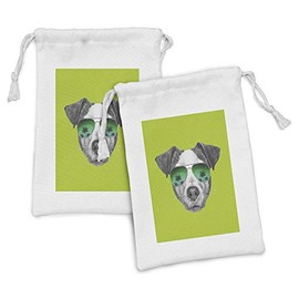 Ambesonne Jack Russell Fabric Pouch Set of 2, Greyscale Dog with Glasses and Tropical Tree Silhouettes on Green Background, Small Drawstring Bag for Toiletries Masks and Favors, 9" x 6", Grey Green