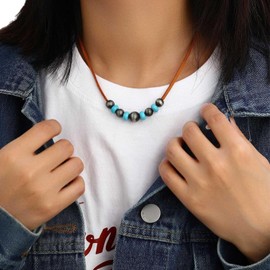 Wendalern Boho Round Ball Beads Turquoise Necklace Leather Cord Faux Pearl Beaded Necklace Brown Suede Choker Necklace Ethnic Mala Beads Leather Necklace Hippie Jewelry for Women