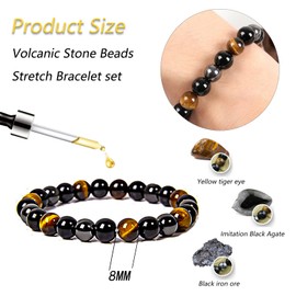 2pcs Healing Chakra Bead Bracelet Protection Obsidian Bracelet Black Stone Bracelet Lava Stone Bracelet Onyx Natural Stone Beads Tiger's Eye Stone Ball Bracelet 8 mm for Happiness Prosperity Men